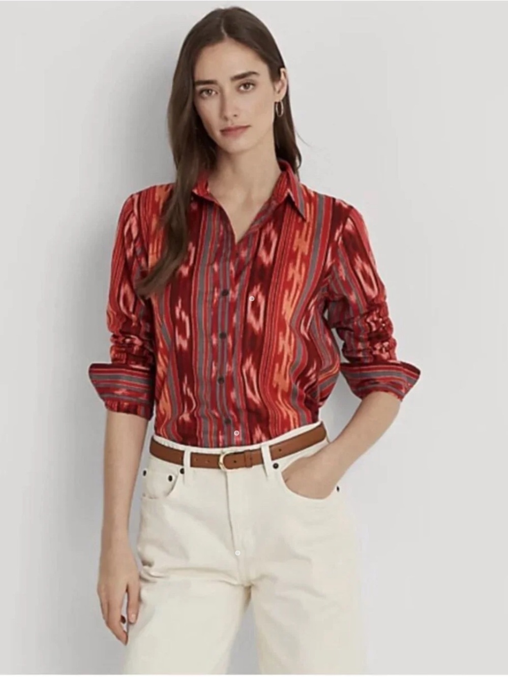 Ralph Lauren LRL Women’s Red Ikat Stripe Cotton Western Button-Down Shirt Sz XXL